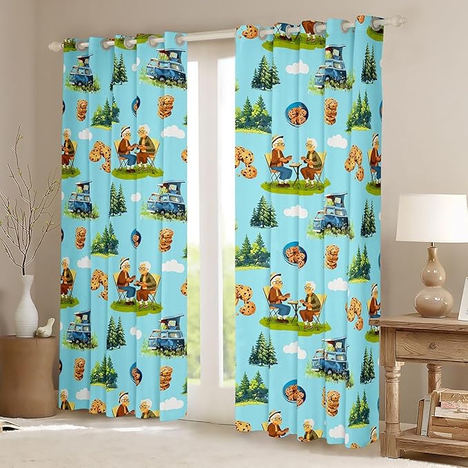 Camper RV Trailer Blackout Curtains,Cloud Pine Tree Rustic Farmhouse Blackout Curtains,Picnic Happy Camping Holiday Boys Girls Room Decor,Blue Green 2 Panels,52Wx84L inch