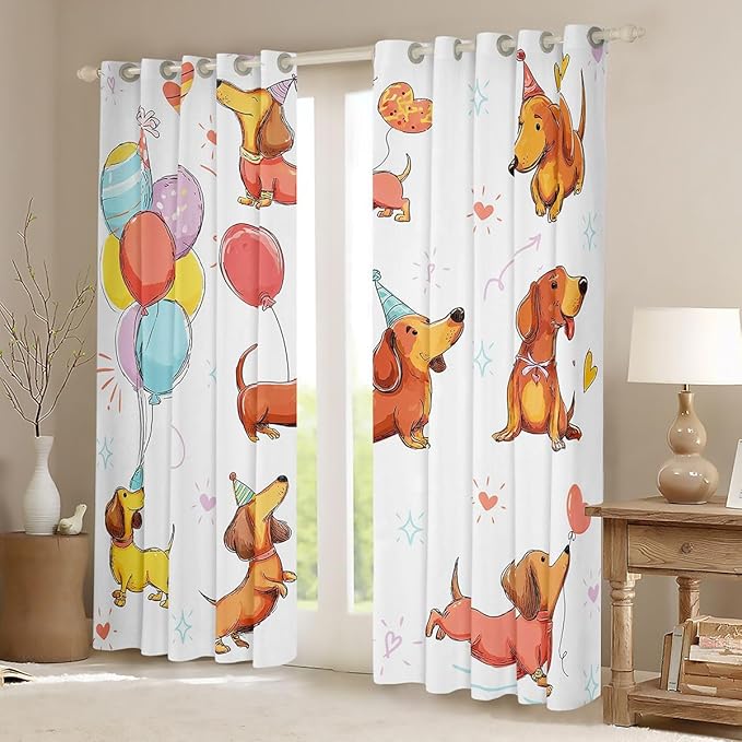 Dachshund Cute Dog Window Curtain | Holiday Party Window Treatment Curtain for Teens Bedroom Decor,Colorful Balloon Curtains Kids Cartoon Living Room Top 2 Panels,42Wx90L