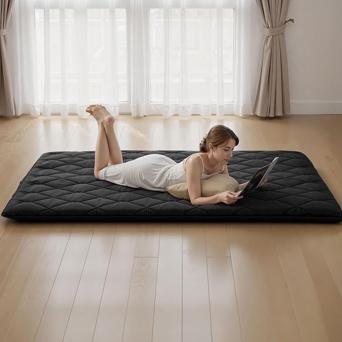 VEVOR 9-Layer Japanese Futon Mattress, 3.5" Thick Queen Tatami Mat, Foldable Roll Up Mattress for Sleeping with Storage Bag, Portable Floor Mattress for Camping Dormitory Yoga, Black