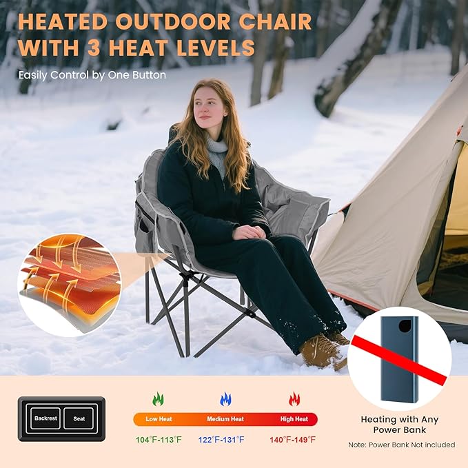Oversized Heated Camping Chair, Heated Chairs Outdoor Sports with 3 Heat Levels, Portable Folding Heated Outdoor Chair for Lawn Patio Lounge, Battery NOT Included