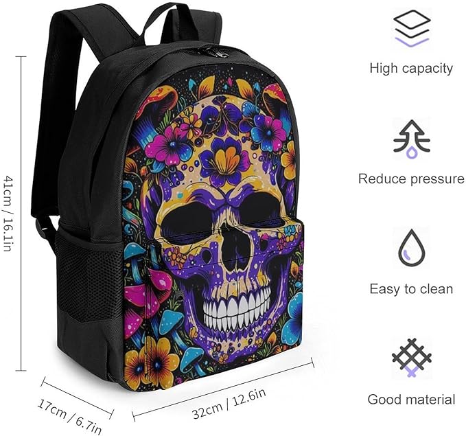 Men Women Lightweight Trippy Skull Head Mushroom Art Casual Daypack Big Capacity Bookbag With Padded Straps for Gym Travel Walking Cycling
