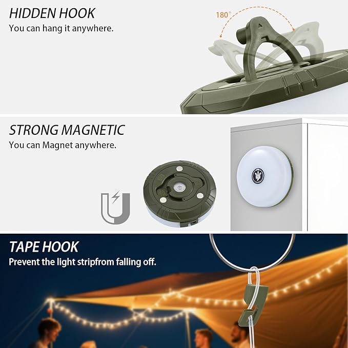 2-Pack Camping String Lights, 4 in 1 Portable Camping Light Rechargeable, 8 Lighting Modes, USB Charging, Quick Storage, 32.8FT Waterproof Tent Lights String for Camping, Hiking, Yard, Christmas