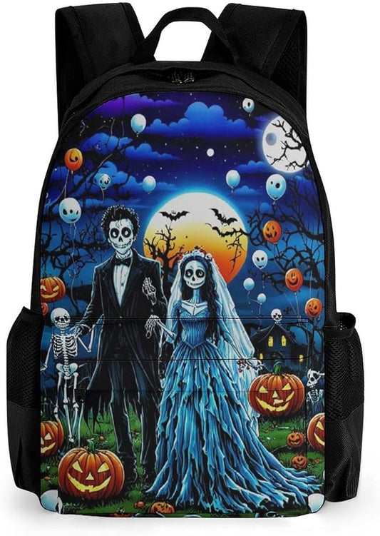 Supdreamc Daypack Bookbag Anti-Theft Multipurpose Large Capacity Bookbag, Sugar Skull Party Day Of The Dead Ghost Bride And Groom Art Travel Hiking Camping Rucksack With Adjustable Shoulder Straps
