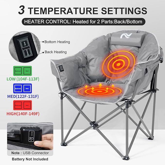ABORON Heated Camping Chair Oversized, Three Model Portable Cushion Folding Chair, Heavy Duty Foldable Chairs Support Up to 500 lbs, Ideal for Outdoor Adventures
