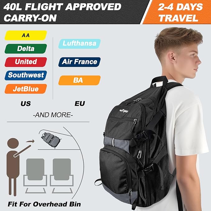 Seektop Lightweight Travel Backpack for Men Women, Multiple Pockets 40L Hiking Backpack Foldable Carry on Backpack for Outdoor Camping Sport Leisure (Black)