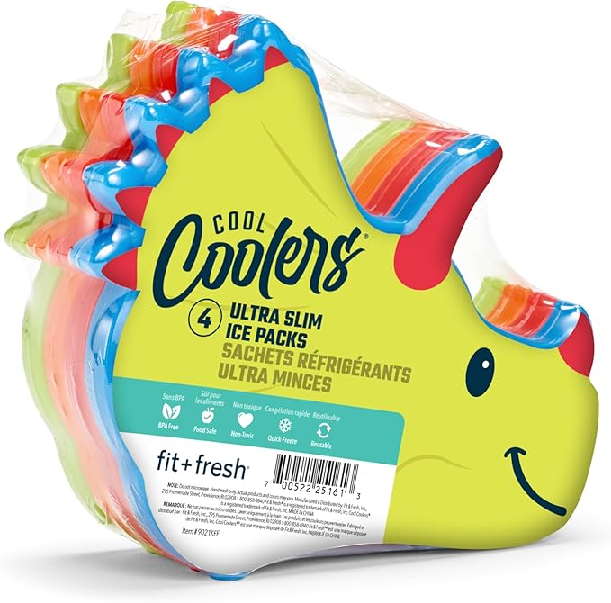 Cool Coolers Kids Lunch Box Ice Packs, Slim Ice Packs for Lunch Bags, Reusable-Multicolored 4 Pack (Dinosaur)