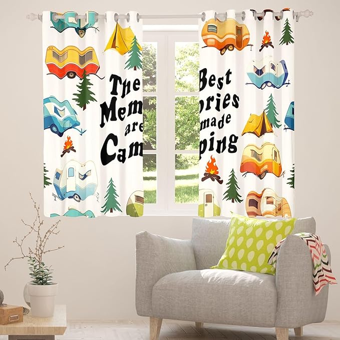 Cartoon Camper Kids Blackout Curtains,Tent Bonfire Campfire RV Trailer Window Drapes,Pine Tree Daisy Flower Rustic Nursery Bedroom Playroom Decor,Cream 2 Panels,38Wx54L inch