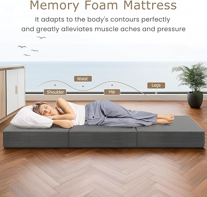 6-Inch Tri-Fold Mattress Queen Size - Foldable Futon Sofa Bed with Removable Washable Cover, Folding Memory Foam Futon Mattress | Non-Slip Bottom & Carry Handles for Guest, Camping, Dorm