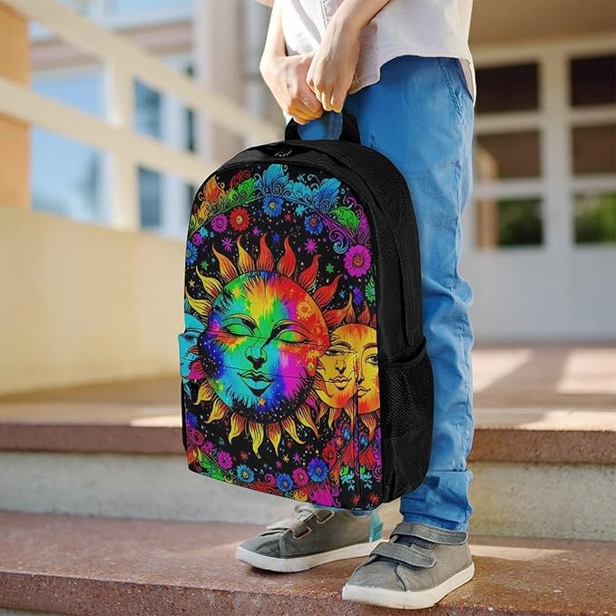 Supdreamc Shoulder Book Bags Polyester Multipurpose Anti-Theft Mandala Triple Sun Hippie Trippy Psychedelic Boho Art Carry On Bag Large Capacity Travel Hiking Camping Rucksack