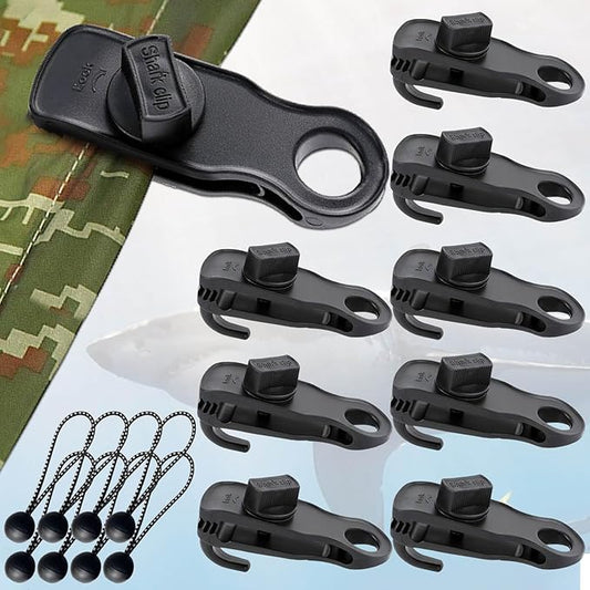 Tarp Clips Clamps Heavy Duty Lock Grip with Bungee Cords, Shark Shade Cloth Backdrop Tent Large Clip with Hook Accessories for Garden Outdoor Pool Cover Tarp Tie Downs Canvas Solar RV Awning