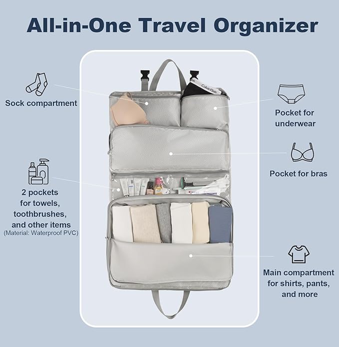 TABITORA Travel Clothes Organizer Portable Hanging Compression Packing Cubes Camp Organizer Travel Cases Suitcase Storage Large Capacity Carry On Closet (Grey)