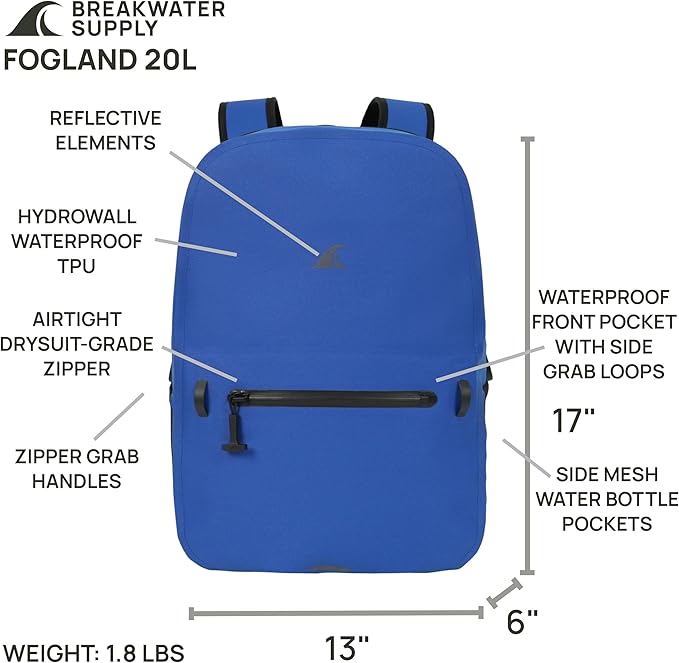 Breakwater Supply™ Fogland Waterproof IP68 Submersible Backpack with Airtight Zippers | Laptop Travel Outdoors | 25L 20L 15L | 100% Waterproof, Submersible, Airtight Zippers, Travel Outdoors