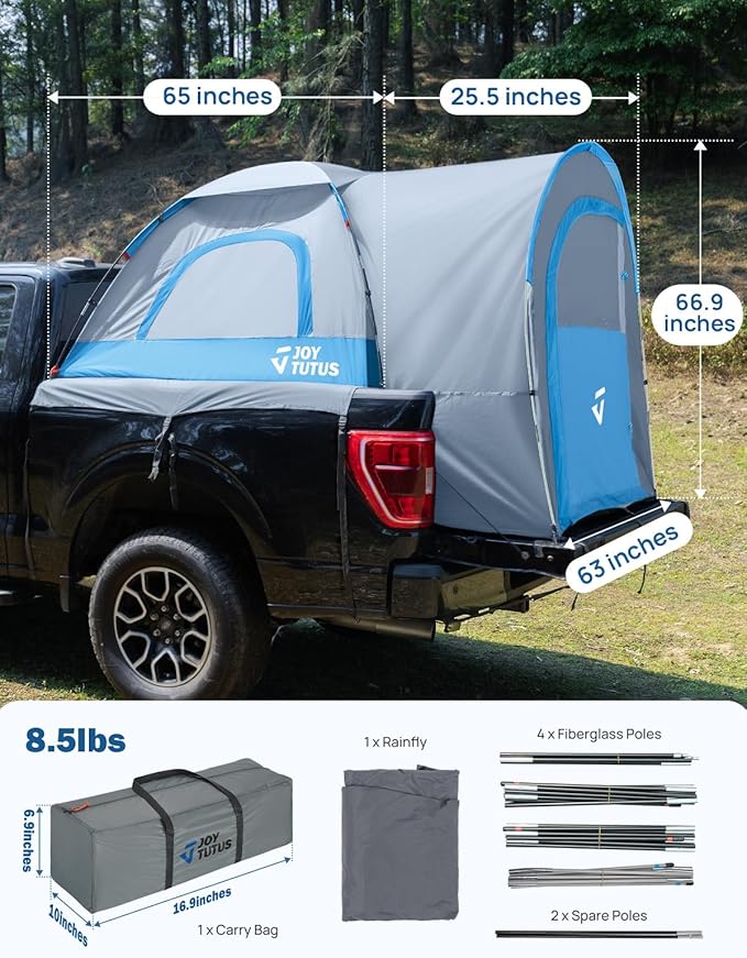 JOYTUTUS Truck Tent with Rainfly 5.5Ft-5.8Ft, Straight Spacious Truck Bed Tent with Sky View Mesh, Waterproof PU2000mm Double Layer for 2 Person, Gray Blue