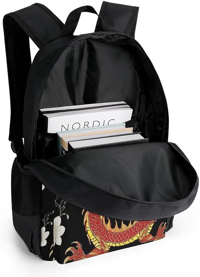 Supdreamc Men Women Polyester Floral Chinese Japanese Dragon Flower Daypack Big Capacity Shoulder Bag With Adjustable Shoulder Straps for Camping Travel Walking Cycling