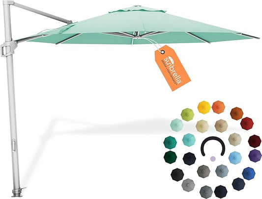 Midtown Umbrellas 10 Ft Outdoor Cantilever Patio Umbrella w/Sunbrella Canvas Glacier Fabric - 360° Rotate Offset Patio Umbrella, Deck Patio Umbrella, Backyard Umbrella & Garden Umbrella - Silver Frame