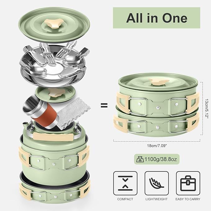 Odoland 15pcs Camping Cookware Mess Kit, Non-Stick Lightweight Pot Pan Kettle Set with Stainless Steel Cups Plates Forks Knives Spoons for Camping, Backpacking, Outdoor Cooking and Picnic