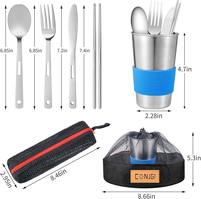 Outdoor Camping Mess Kit - 1 to 2 persons Camping Dishes Includes Cups, Bowls, Dishes, Knives, Forks, Spoons, Etc, Camping Dinnerware Set with Mesh Bag is Easy to Carry Camping Tableware Set
