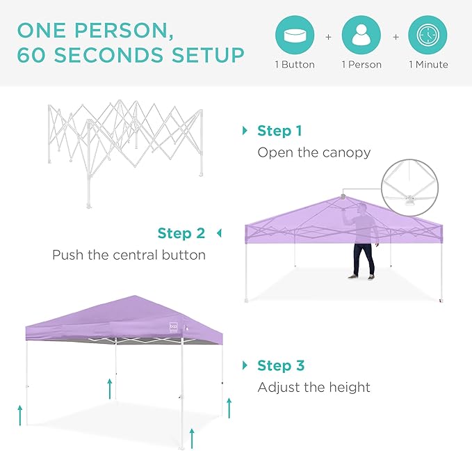 Best Choice Products 8x8ft Pop Up Canopy Tent, Outdoor Shade, 1 Person 1 Minute Set Up, Carry Case, 4 Weight Bags - Lilac/White