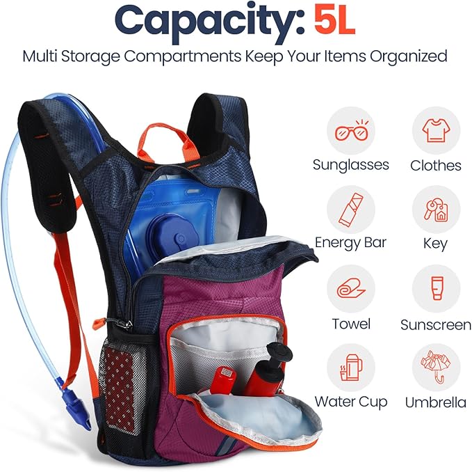 2 Pcs Kids Hydration Backpack with 1.5L Water Bladder Lightweight Kids Hiking Backpack Water Rucksack for Boys Girls Climbing Running