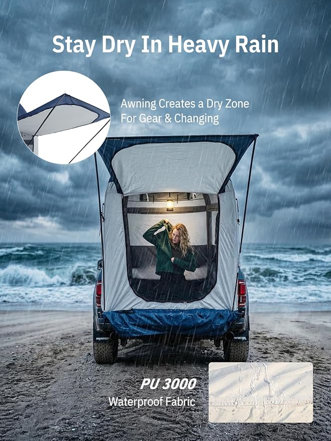 Niphean Truck Bed Tent 5ft with Awning Shade, 2 Mins Fast Setup Inflatable Pickup Truck Tent, for 2 People, PU 3000mm Waterproof, UPF 50+ Sunproof & High-Strength Windproof, Camp Anywhere You Park