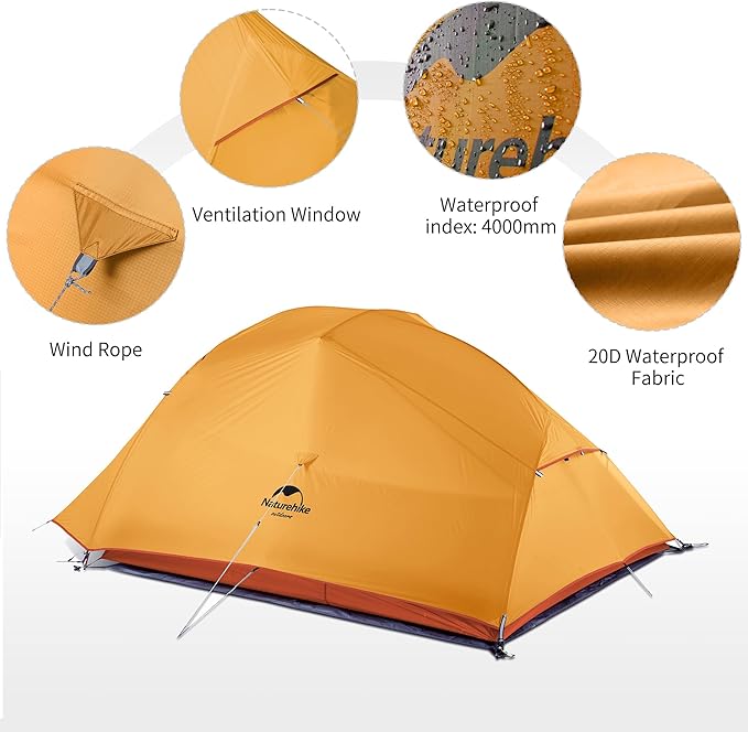 Naturehike Cloud-Up 3 Person Lightweight Backpacking Tent with Footprint - 3 Season Free Standing Dome Camping Hiking Waterproof Backpack Tents