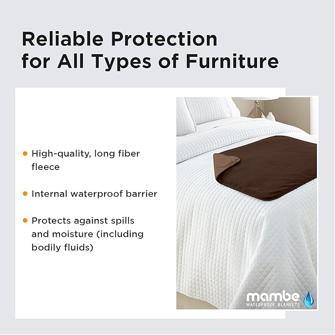Mambe Silky Waterproof Throw for Protecting Furniture Bed Couch from Stains Caused by Dogs, Cats, Incontinence. Soft, Washable, Reversible. (Size Large 70x90 inches, Color Chocolate/Cappuccino)