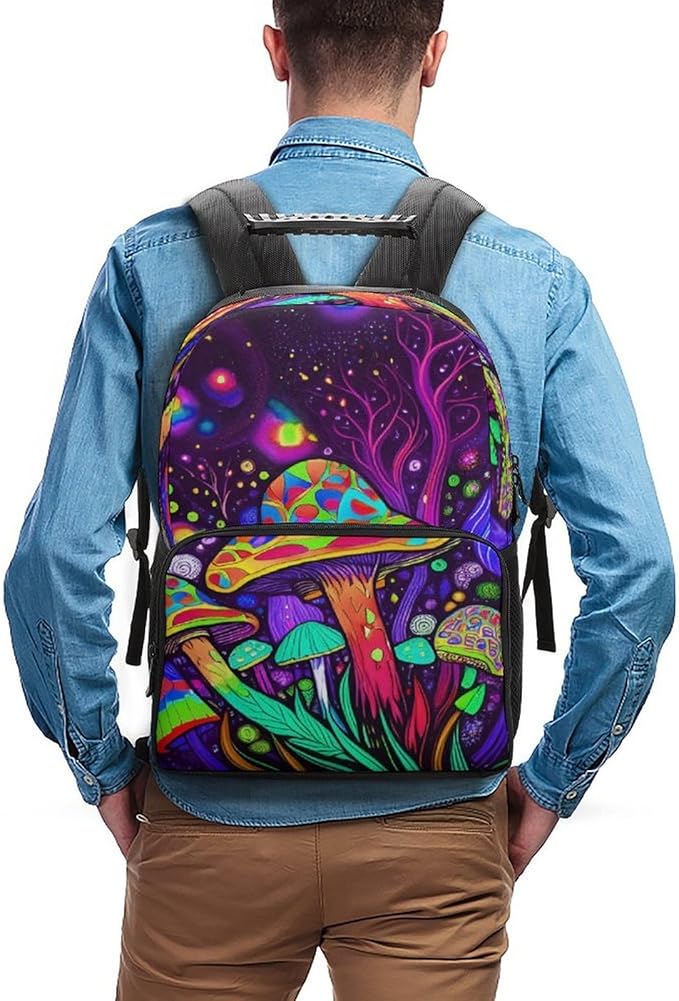 Polyester Daypack Backpack for Sports Travel Running, Big Capacity Anti-Theft Multipurpose Carry On Bag, Psychedelic Magic Mushrooms Trippy Art Laptop Book Bag Rucksack