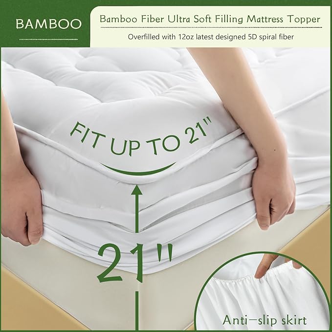 GRT Queen Size Mattress Pad Rayon from Bamboo, Extra Thick Quilted Fitted Mattress Topper with 21 Inches Deep Pocket, Cooling Mattress Pad, Breathable and Noiseless Mattress Cover
