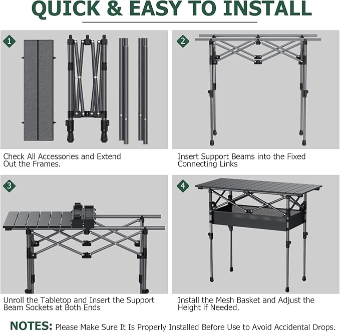 Folding Camping Table Portable Pinic Table 2 Level Height Adjustable Roll-up Tables Aluminum Foldable Camp Table with Storage Bag 4-6 Person Large Tables for Outdoor Indoor Hiking Camp BBQ Beach
