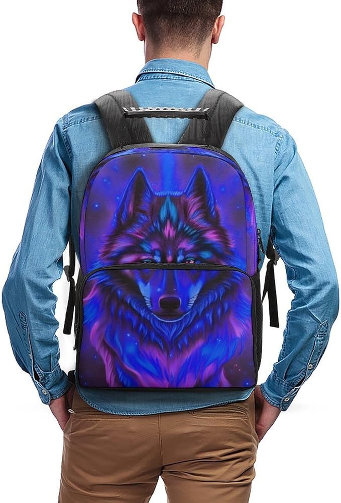 Polyester Daypack for Hiking Work Running, Big Capacity Anti-Theft Multipurpose Shoulder Bag, Trippy Tribal Wolf Space Galaxy Art Travel and Sport Backpack Rucksack