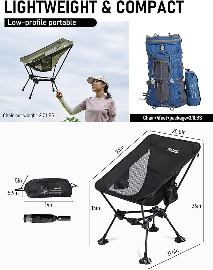 WildCall Lightweight Folding Camping Chair Compact Beach Chair with Anti-Sinking Large Feet