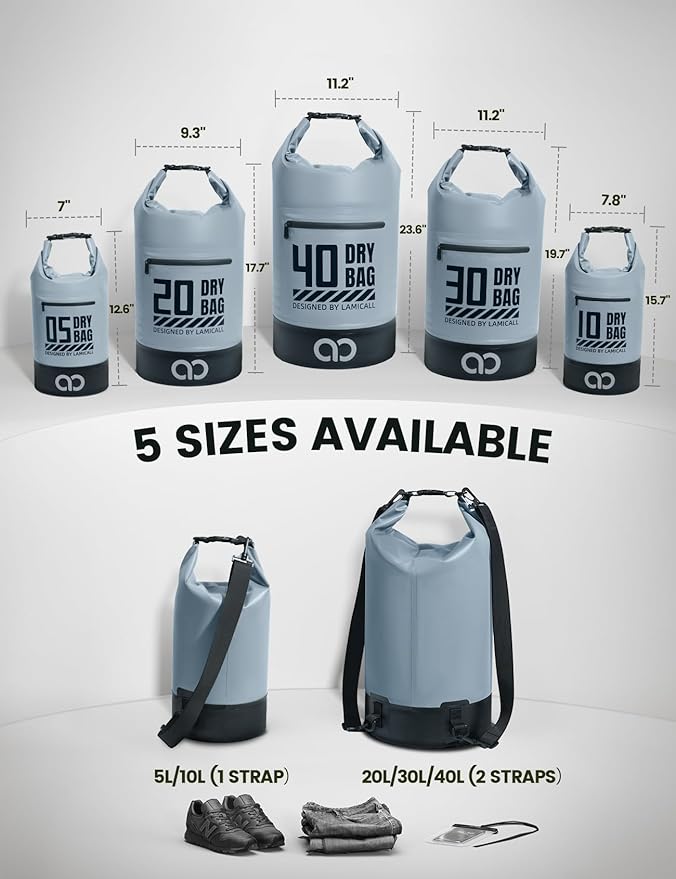 Lamicall Waterproof Dry Bag with Phone Pouch, Floating Roll Top Backpack, 10L, Grey