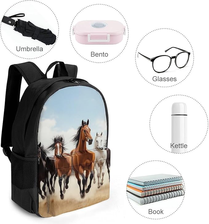 Men Women Polyester Wild Animal Running Horses Art Daypack Bookbag Big Capacity Shoulder Bag With Padded Straps for Climbing Travel Walking Cycling