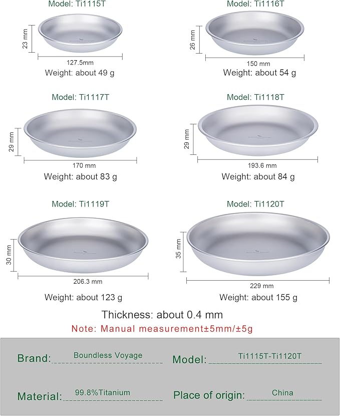 Boundless Voyage Titanium Camping Plate Dishes Saucer Lightweight Round Dinnerware Set Stackable Serving Plates Pasta Plates Travel Outdoor Home Kitchen Tableware Set Ti1141T