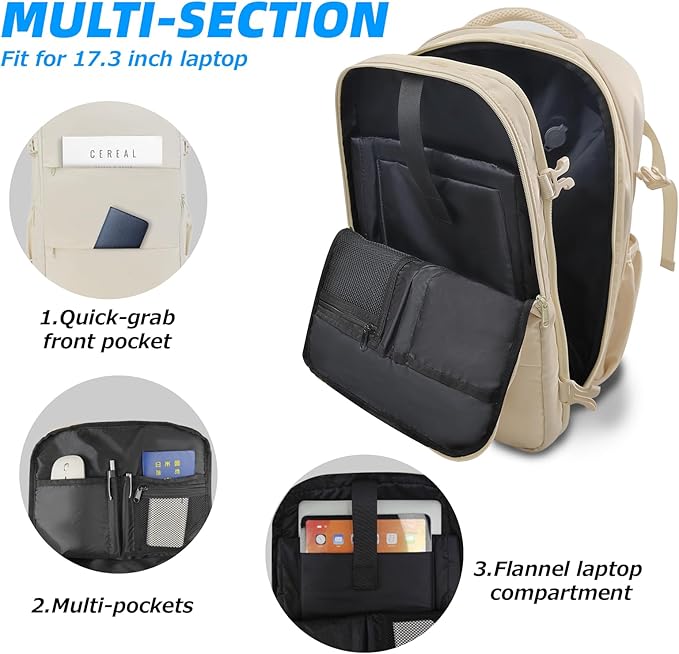 Air Vacuum Compression Travel Backpack: Expandable Beige Carry On Bag Vacuum with Pump Fits 17.3 inch Laptop for Women & Men - Suitable for Business, Camping and Work Water-resistant