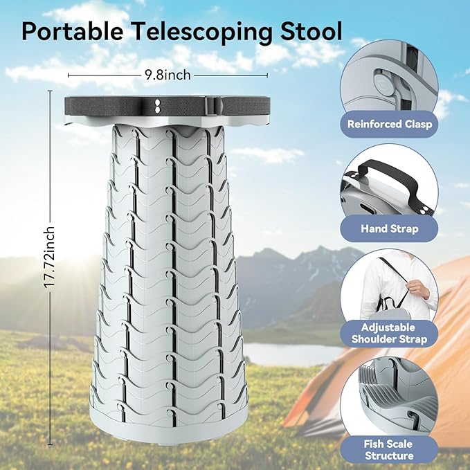 Upgraded Collapsible Stool, Portable Folding Stool, Telescoping Camping Stool with Max Load Capacity 485lbs, Square Retractable Seat for Camping Gardening Fishing Hiking BBQ [Cyan]