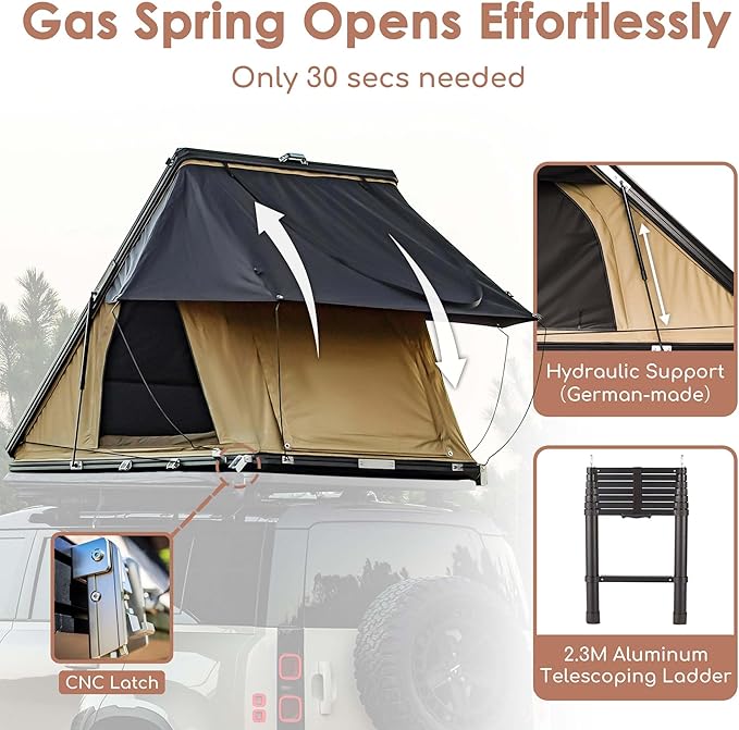 Rooftop Tent, Hardshell Roof Top for 2-4 Person, with Aluminum Telescopic Ladder, LED Strip Light