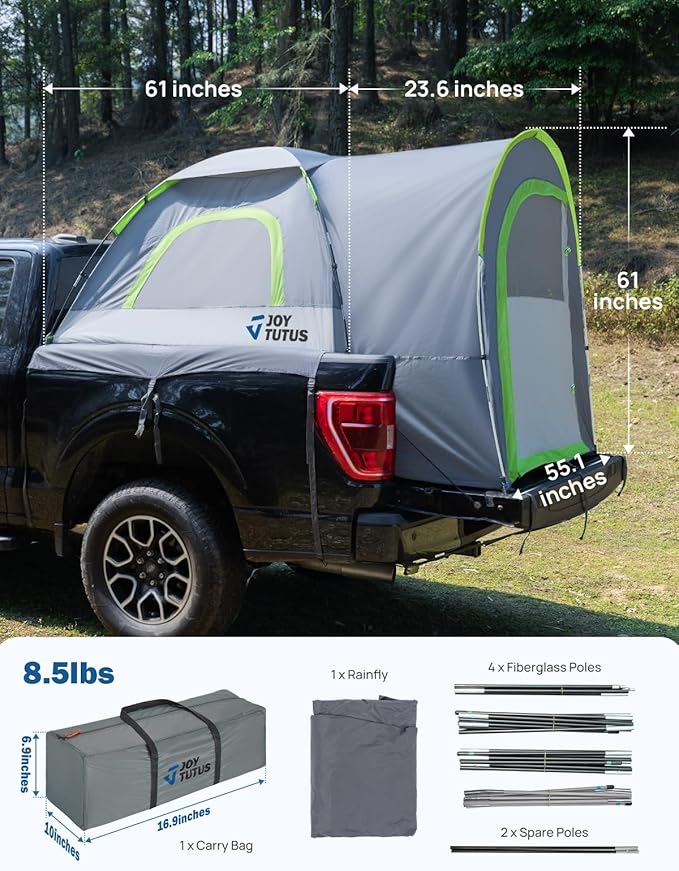 JOYTUTUS Truck Tent with Rainfly 5.0Ft, Straight Spacious Truck Bed Tent with Sky View Mesh, Waterproof PU2000mm Double Layer for 2 Person, Gray Green
