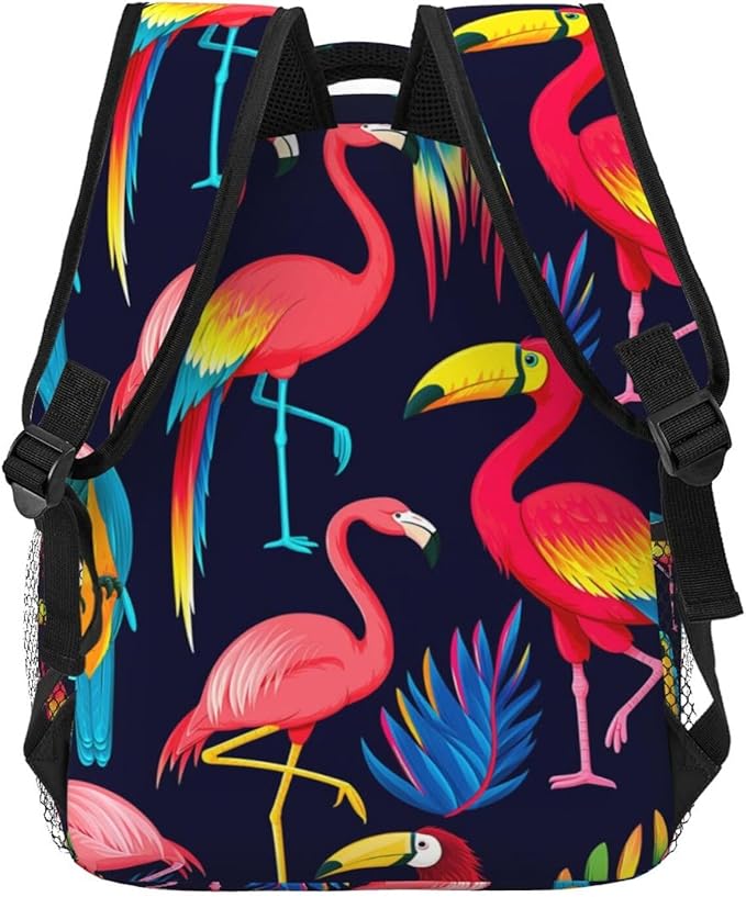 Polyester Daypack Backpack for Climbing Outdoors Running, Big Capacity Multipurpose Anti-Theft Bookbag, Exotic Birds Parrot Flamingo Art Travel Hiking Camping Rucksack
