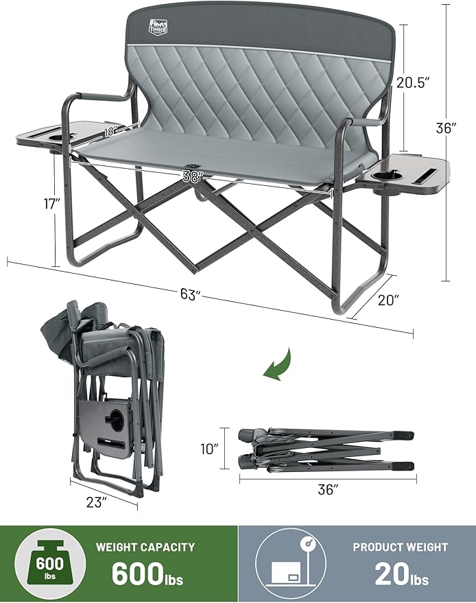 TIMBER RIDGE Double Camping Chair Portable Loveseat, Heavy Duty Folding Camp Couch 2 Person Director Chairs with Cup Holder for Outdoor Lawn Tailgates Picnic Sports Soccer Games Supports 600 lbs Grey