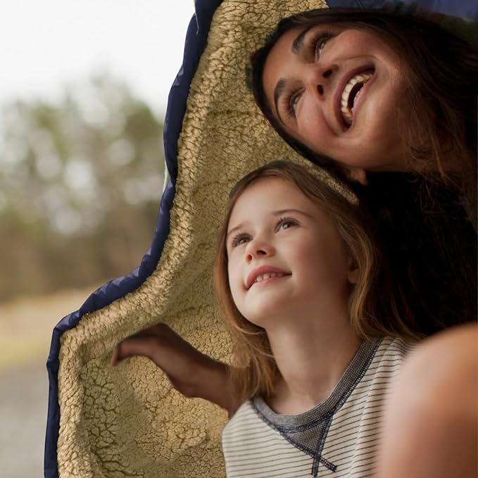 Outdoor Camping Blanket with Sherpa Lining, Extra Warm Thick Camp Blankets and Puffy Ultralight Soft Poncho DWR Camping Quilt for Cold Weather, Adventure, Sleeping, Backpacking 56"x 40"