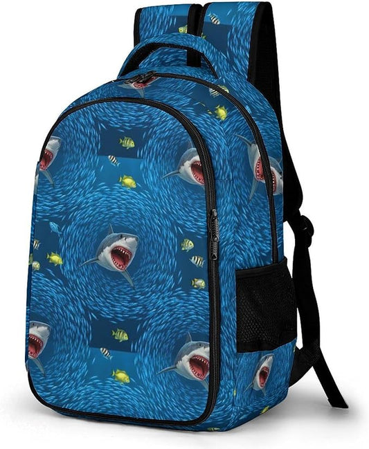 Casual Travel Laptop Backpack Shark Blue Ocean Printing, Lightweight Anti Theft Computer Bag with Large Capacity for Men Women College Work