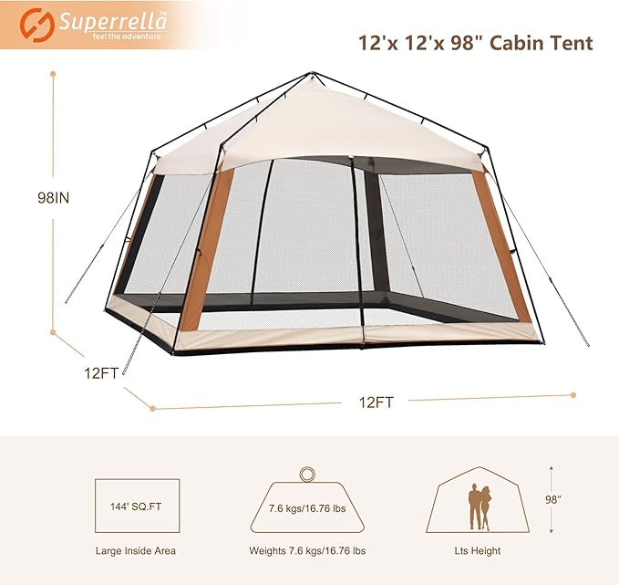 12 x 12 FT Camping Screen Tent for 8-10 Person, Easy Setup Screen House with UV 50+ Sun Protection & Mosquito Net for Camping, Backyard, Picnic, Patio Outdoor Beige & Brown