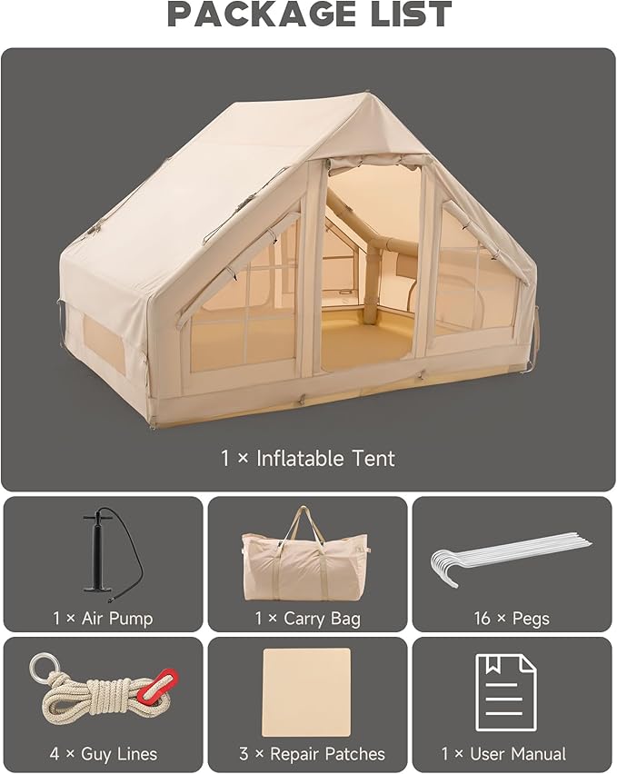 Dartmoor Inflatable Camping Tent, 4-6 Person Air Glamping Tent with Pump, Waterproof Blow Up Tent for Outdoor, 4 Season, Easy Setup, Dual Doors, Windows