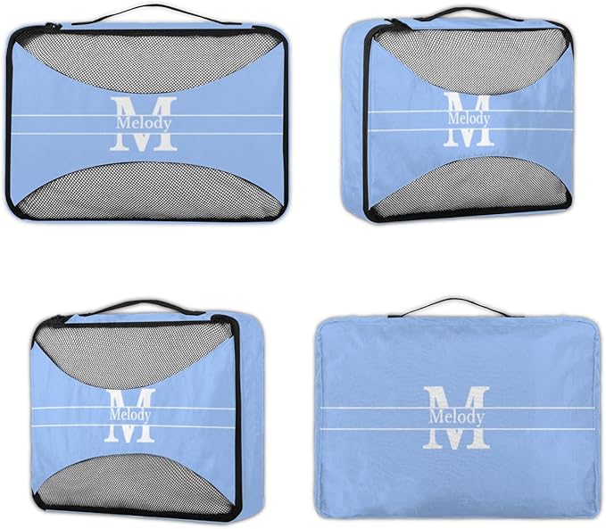 Custom Name 4 Pcs set travel luggage organizer Mesh Travel Essentials for Suitcases, Light Sky Blue with Initial Letter