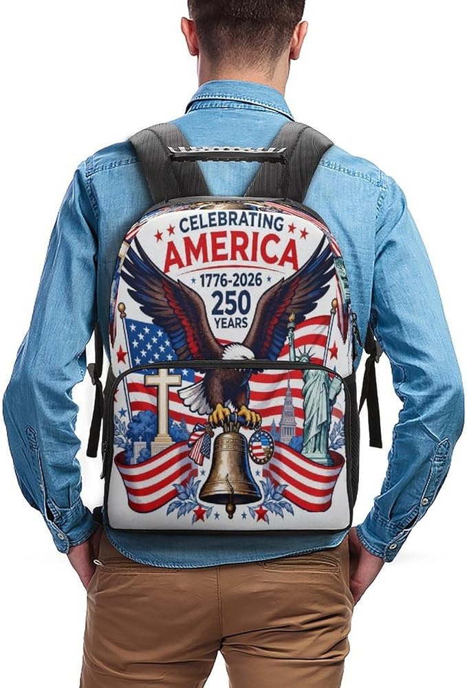 Men Women Lightweight 250th Anniversary Freedom Eagle Art Daypack Bookbag Big Capacity Carry On Bag With Side Pockets for Camping Travel Bicycle