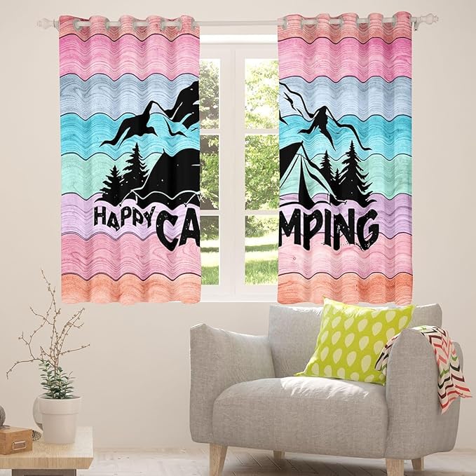 jejeloiu Happy Camping Curtains for Bedroom Living Room Camper Blackout Shades RV Camping Room Darkening Curtain Wild Animal Window Treatments, 2 Panels 52 x 90 Inch Decor