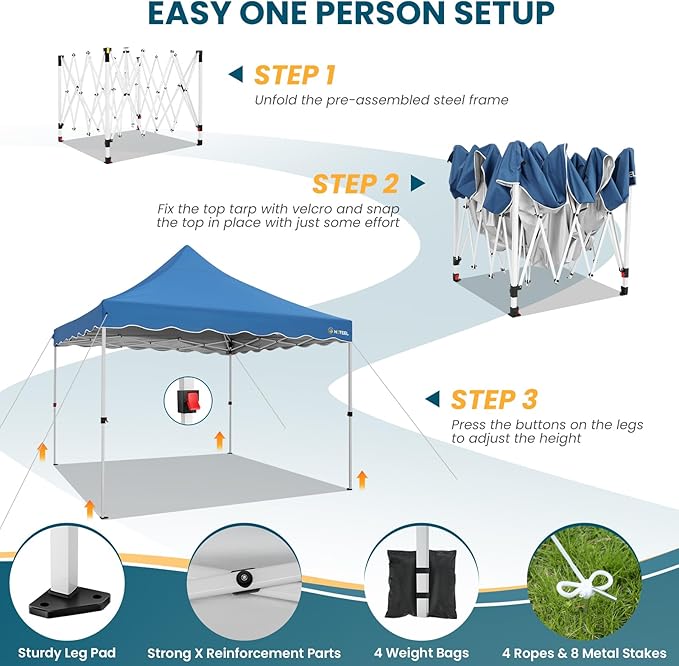HOTEEL Canopy Tent 10x10 Pop Up Canopy, Easy Setup Canopy Tent with Sandbags, Stakes & Ropes, UPF 50+ Waterproof Outdoor Instant Portable Shelter for Party, Events, Vendor, Blue