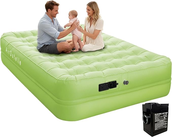 Queen Air Mattress with Built-in Battery Pump, All Luxury Cooling Pongee Fabric Material, Waterproof & Leakproof Air Mattress Queen, Portable Foldable Guest Bed (18", Green)