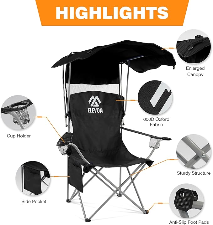 Elevon Camping Chair, Oversized Folding Chair with Canopy, Portable Outdoor Chair with Arms, Cup Holder and Carry Bag for Camping, Fishing, Beach, and Sports, Graphite